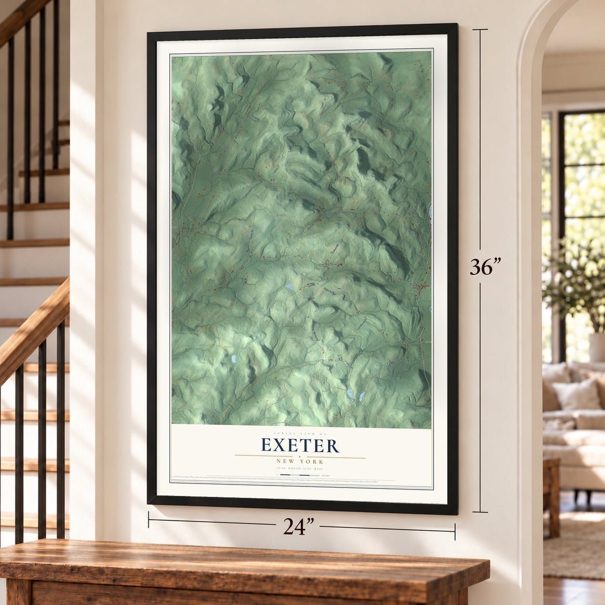Exeter, New York map, 24 x 36 inch print in a black frame by a staircase