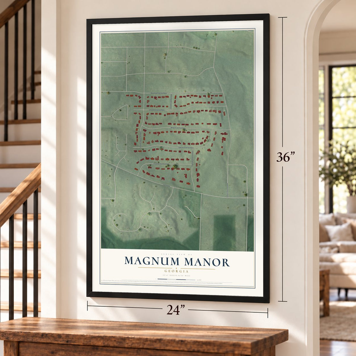 Magnum Manor, Georgia map, 24 x 36 inch print in a black frame by a staircase