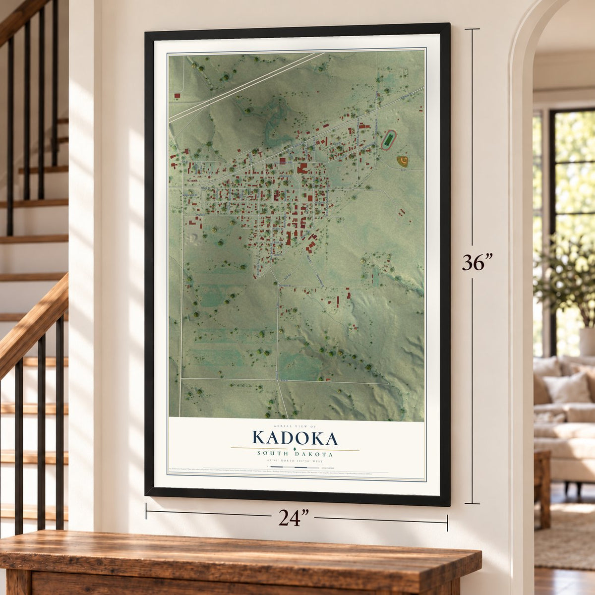 Kadoka, South Dakota map, 24 x 36 inch print in a black frame by a staircase