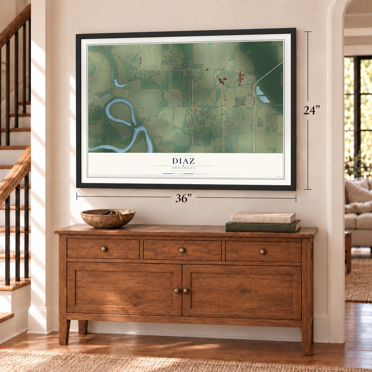 Diaz, Arkansas map, 24 x 36 inch print in a black frame above a dresser by a staircase