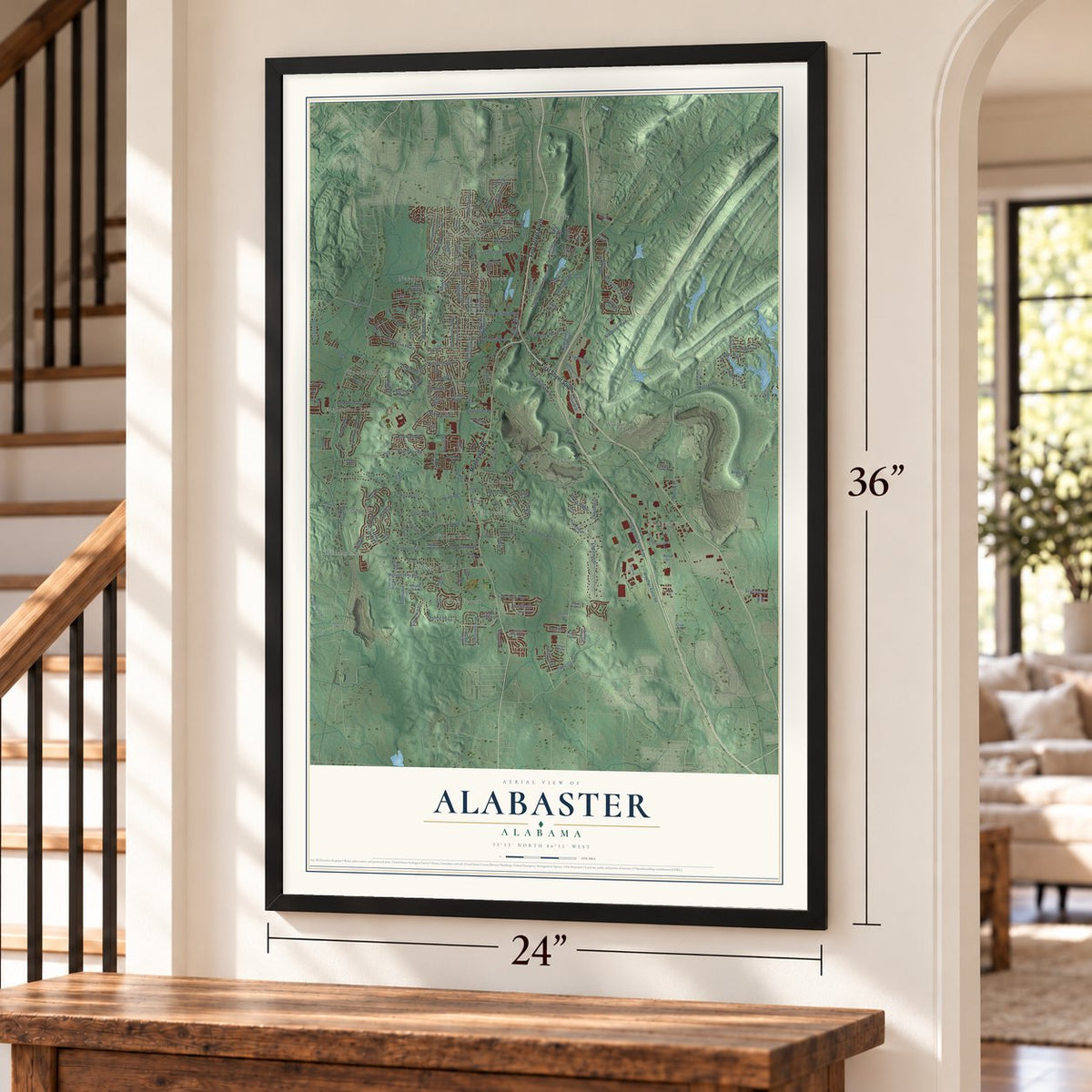 Alabaster, Alabama map, 24 x 36 inch print in a black frame by a staircase