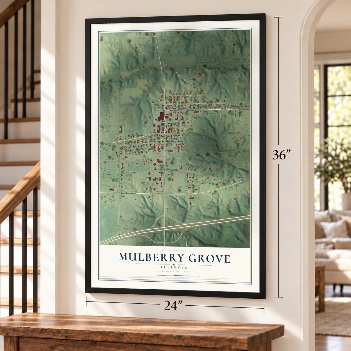 Mulberry Grove, Illinois map, 24 x 36 inch print in a black frame by a staircase