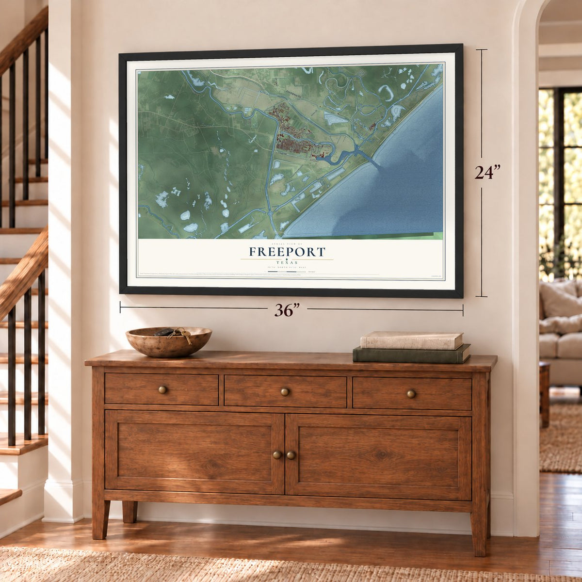 Freeport, Texas map, 24 x 36 inch print in a black frame above a dresser by a staircase