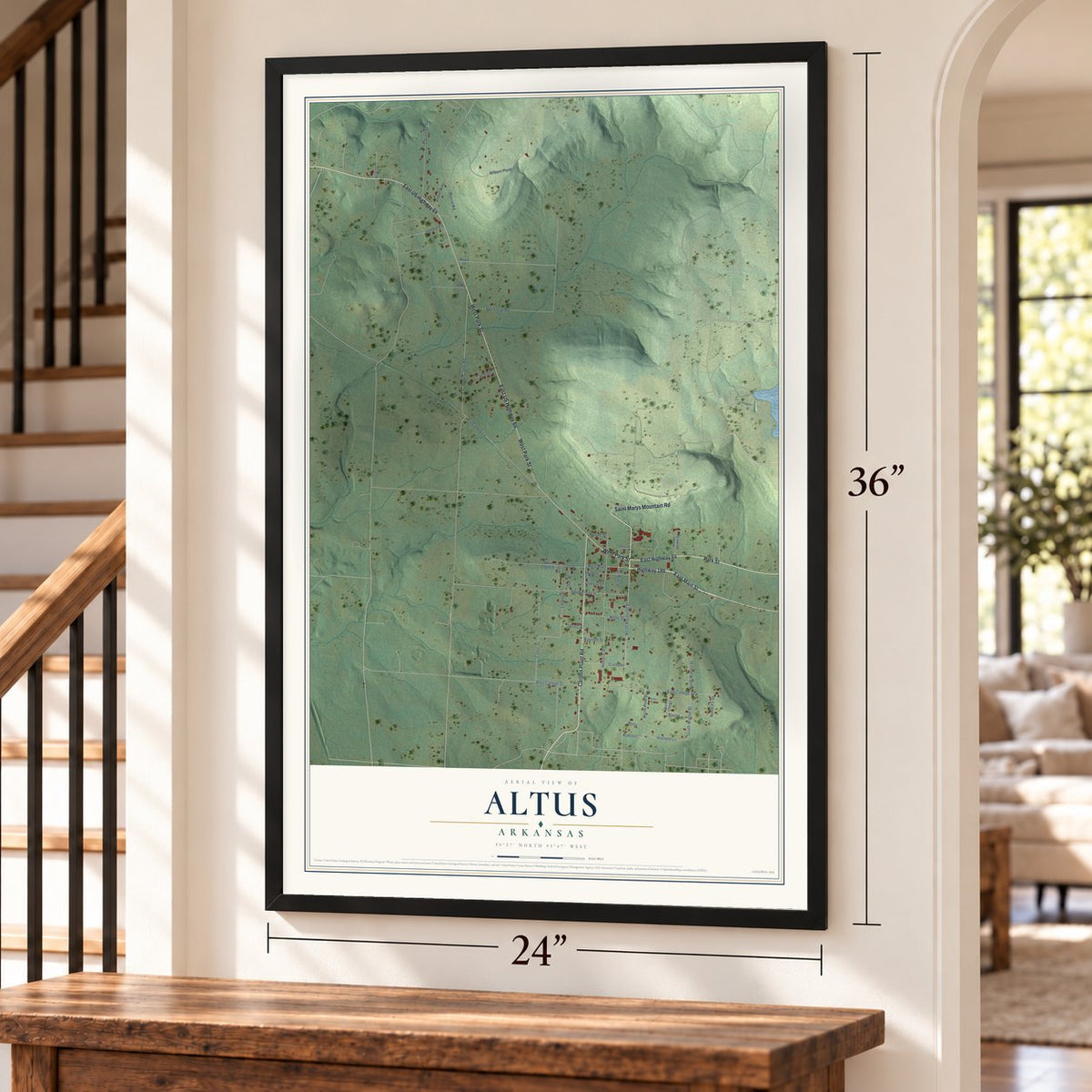 Altus, Arkansas map, 24 x 36 inch print in a black frame by a staircase