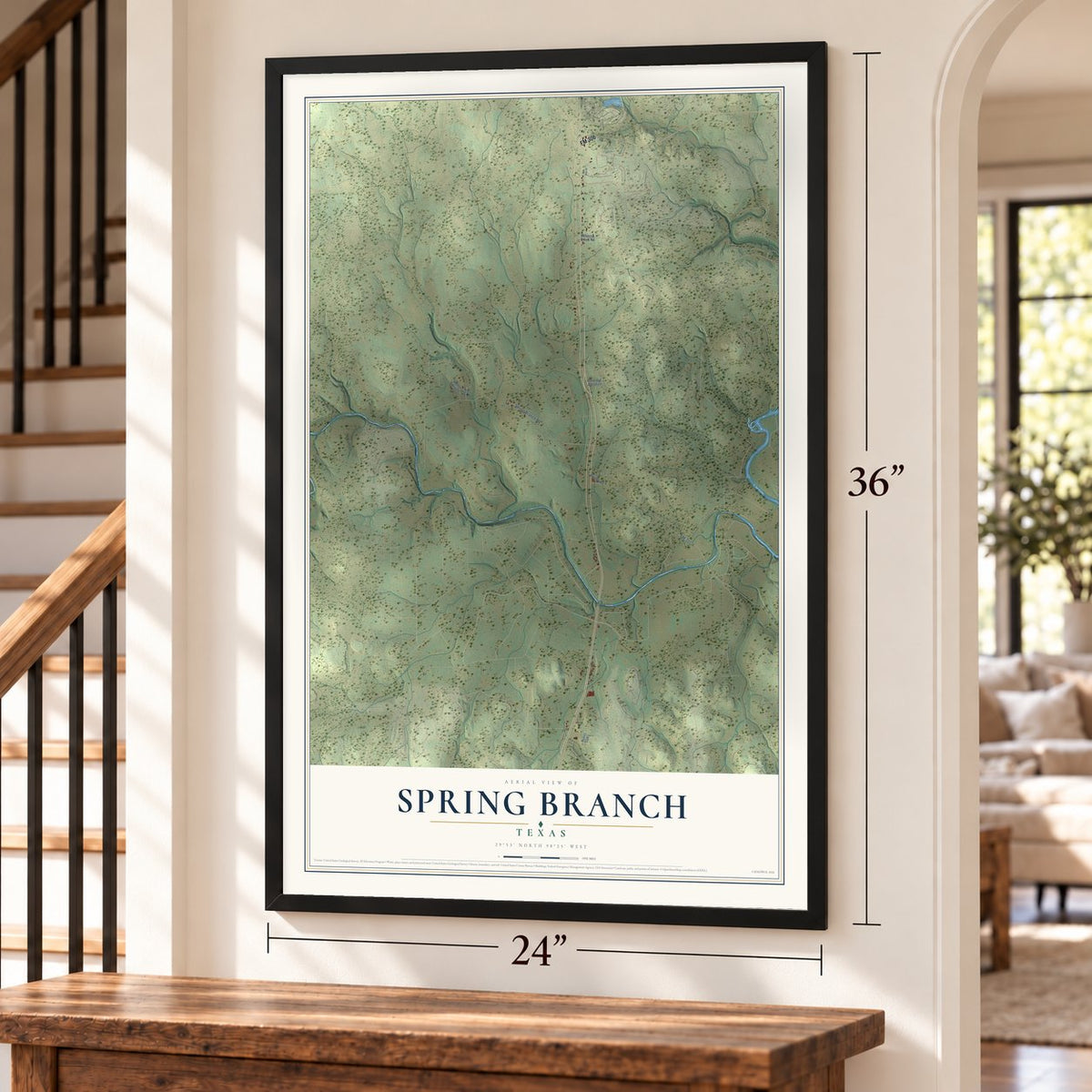 Spring Branch, Texas map, 24 x 36 inch print in a black frame by a staircase