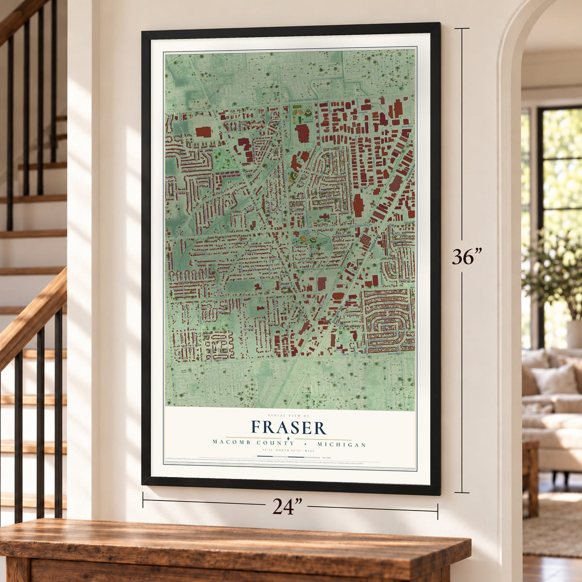 Fraser, Macomb County, Michigan map, 24 x 36 inch print in a black frame by a staircase