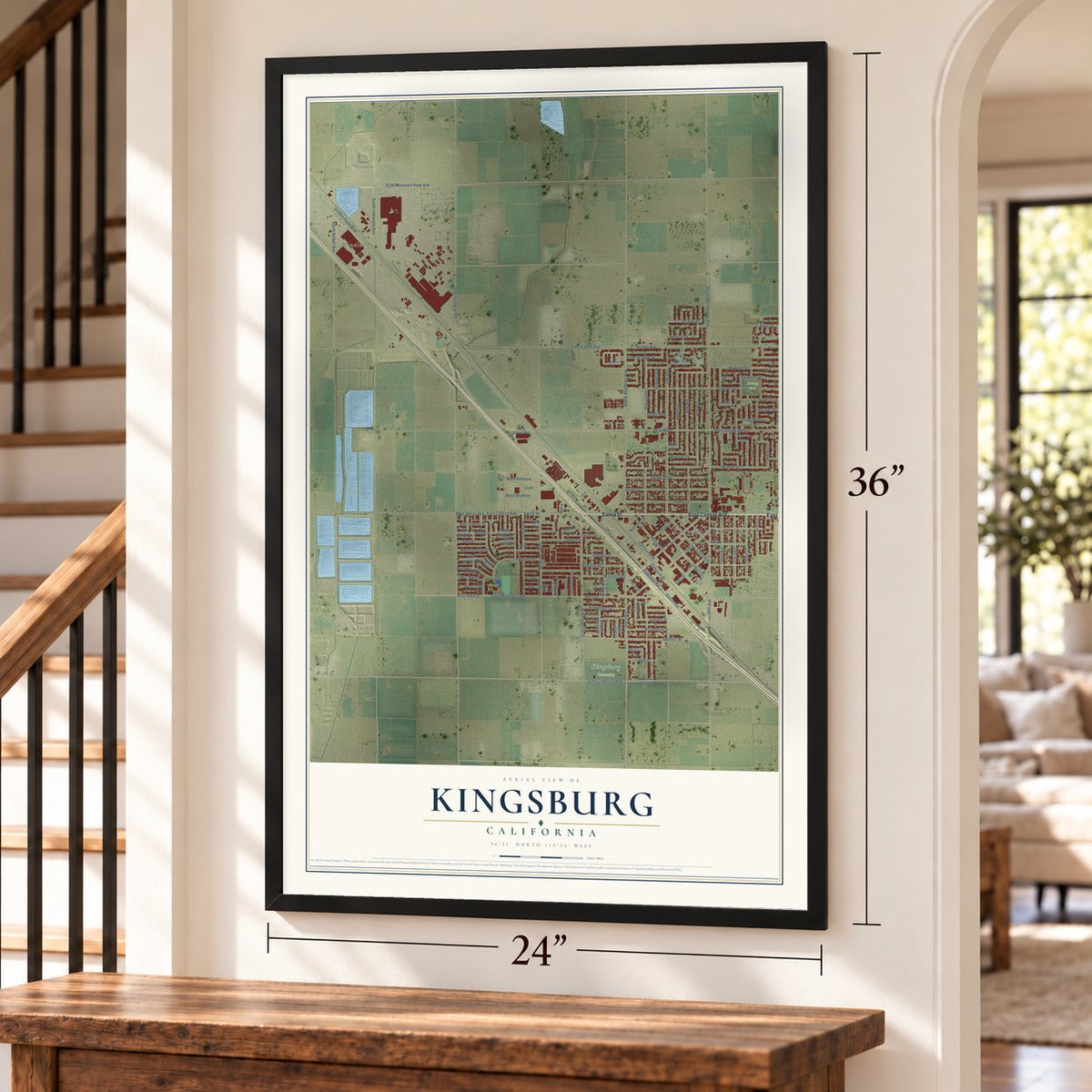 Kingsburg, California map, 24 x 36 inch print in a black frame by a staircase