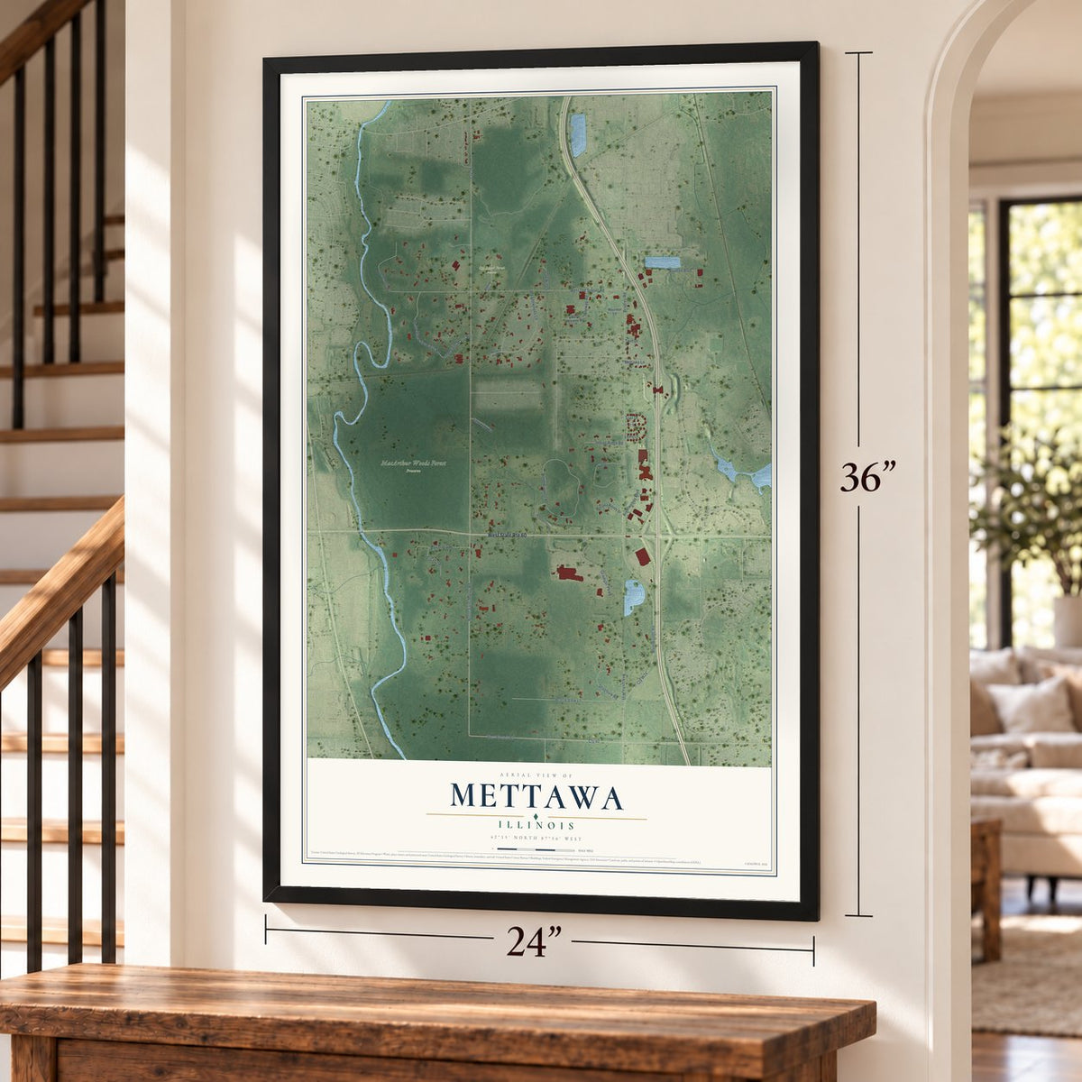 Mettawa, Illinois map, 24 x 36 inch print in a black frame by a staircase