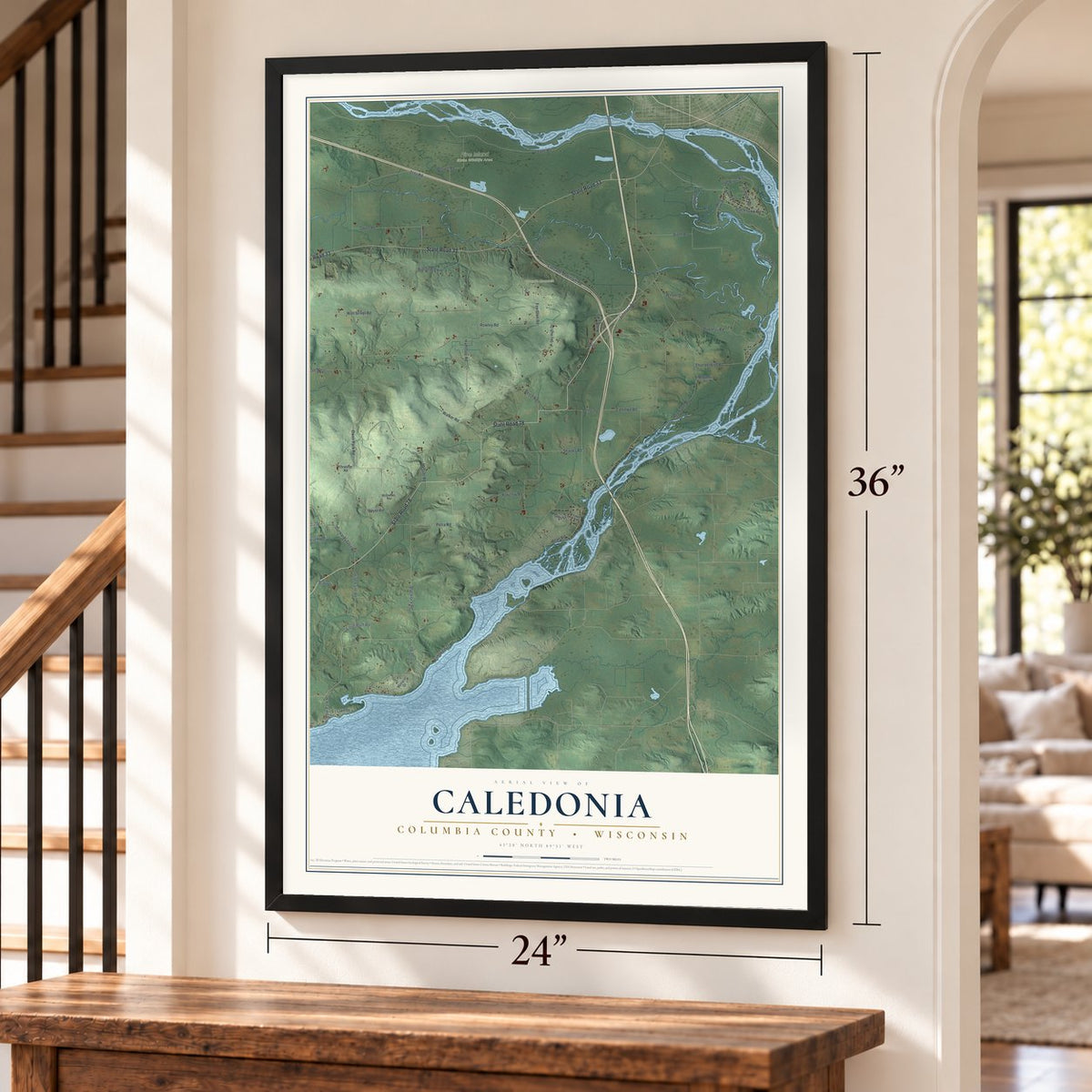 Caledonia, Columbia County, Wisconsin map, 24 x 36 inch print in a black frame by a staircase