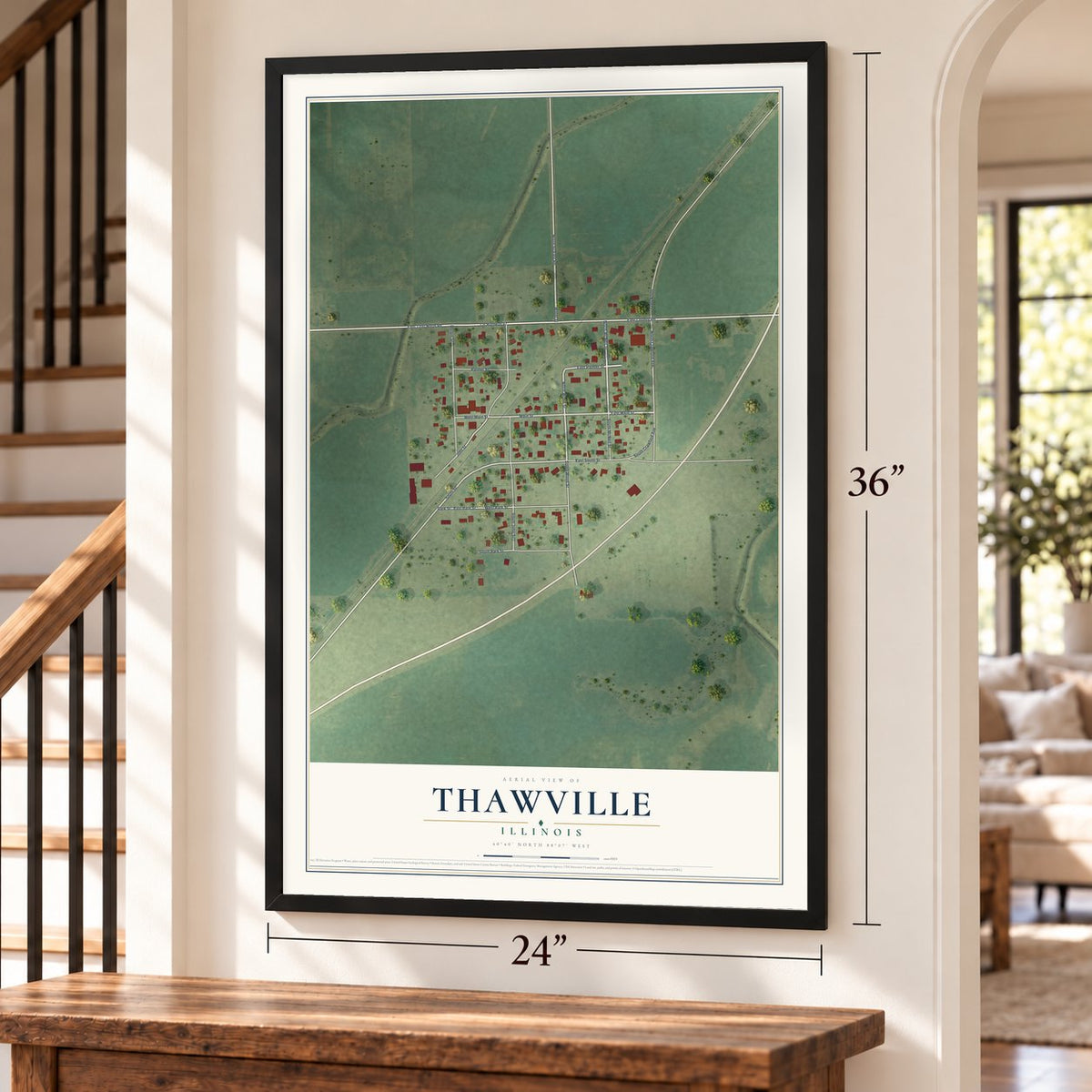 Thawville, Illinois map, 24 x 36 inch print in a black frame by a staircase