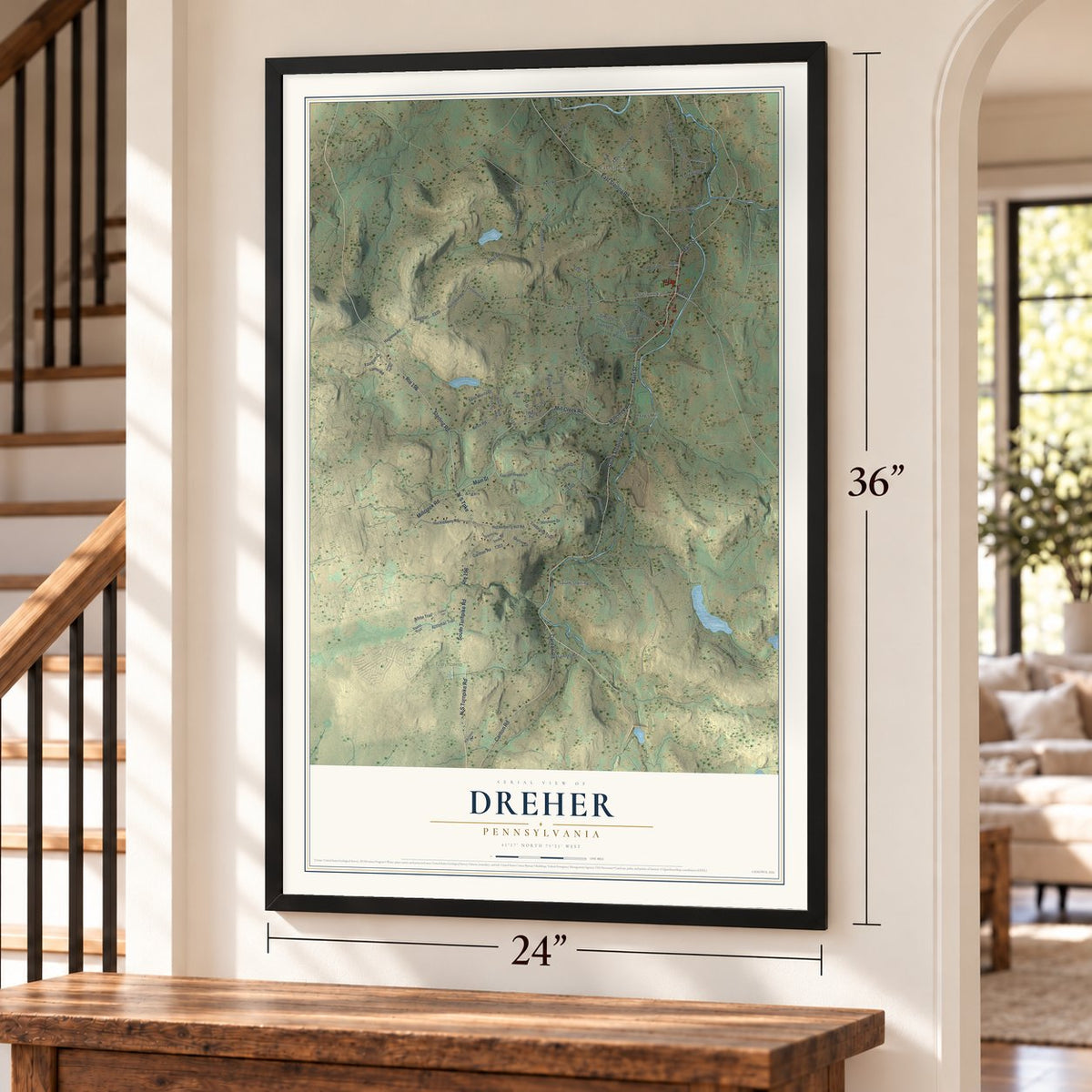 Dreher, Pennsylvania map, 24 x 36 inch print in a black frame by a staircase
