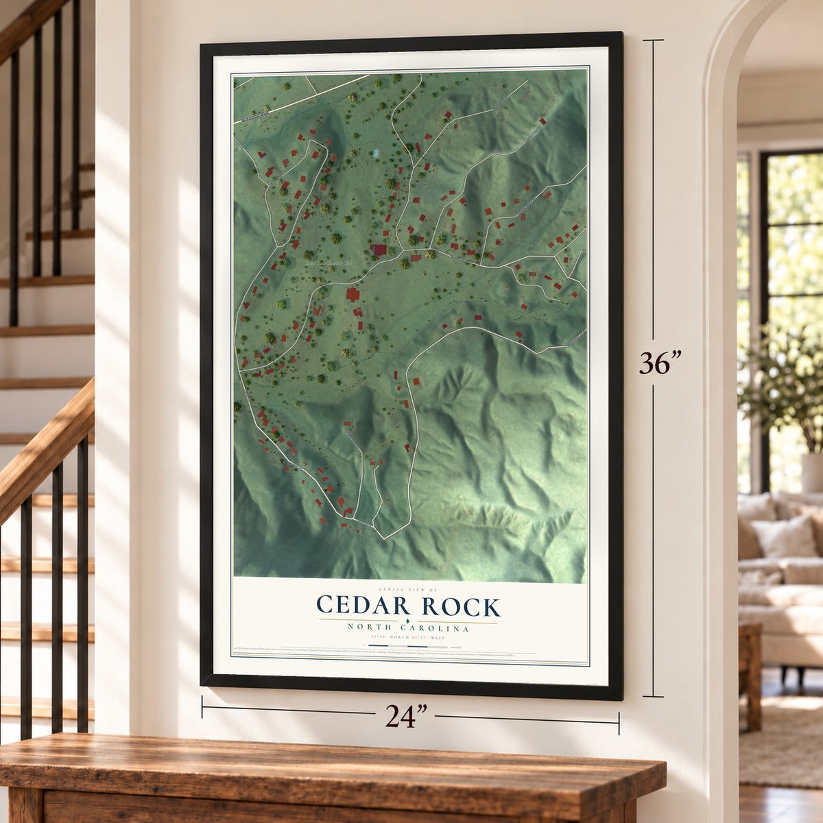 Cedar Rock, North Carolina map, 24 x 36 inch print in a black frame by a staircase