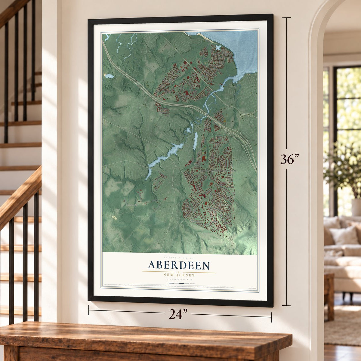 Aberdeen, New Jersey map, 24 x 36 inch print in a black frame by a staircase
