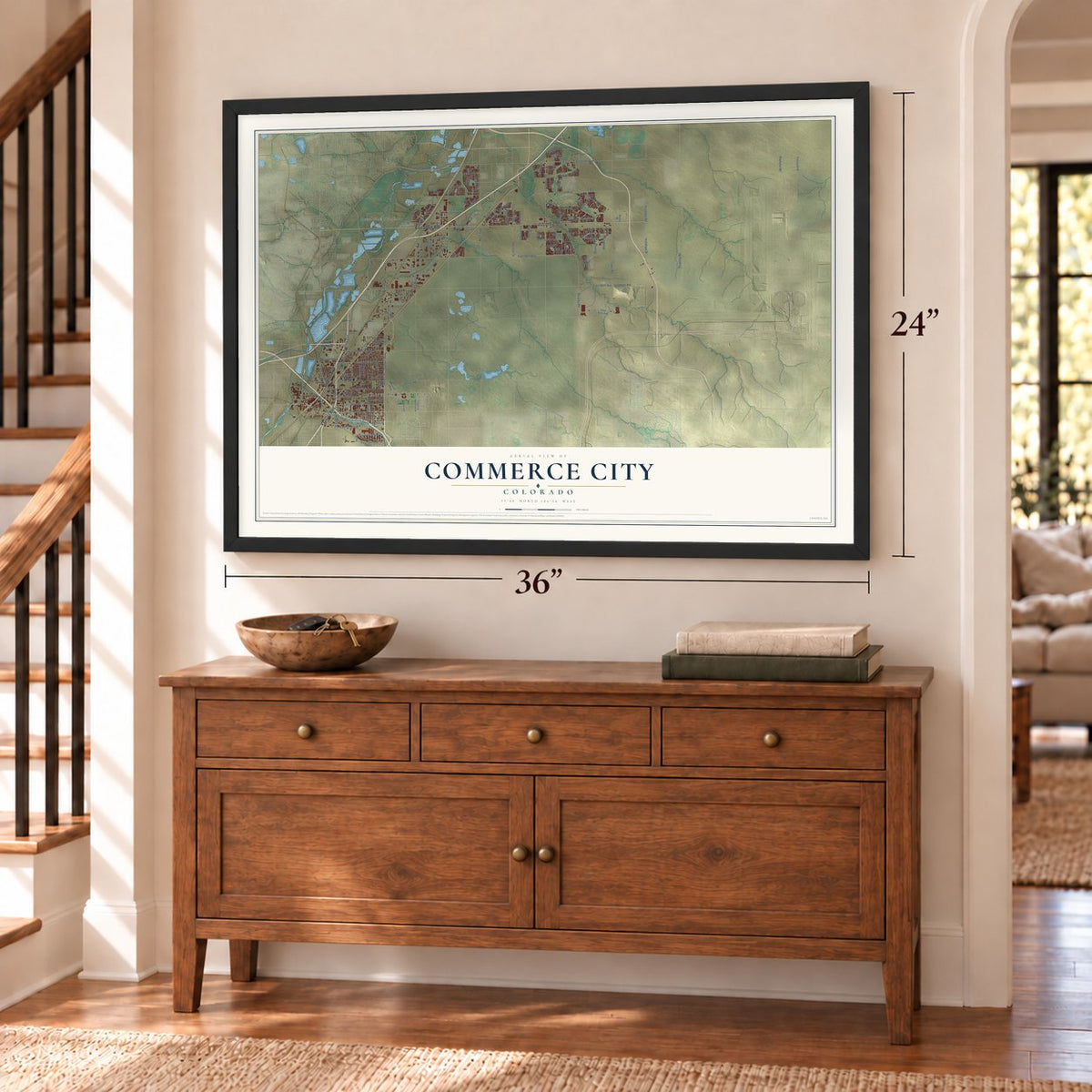 Commerce City, Colorado map, 24 x 36 inch print in a black frame above a dresser by a staircase