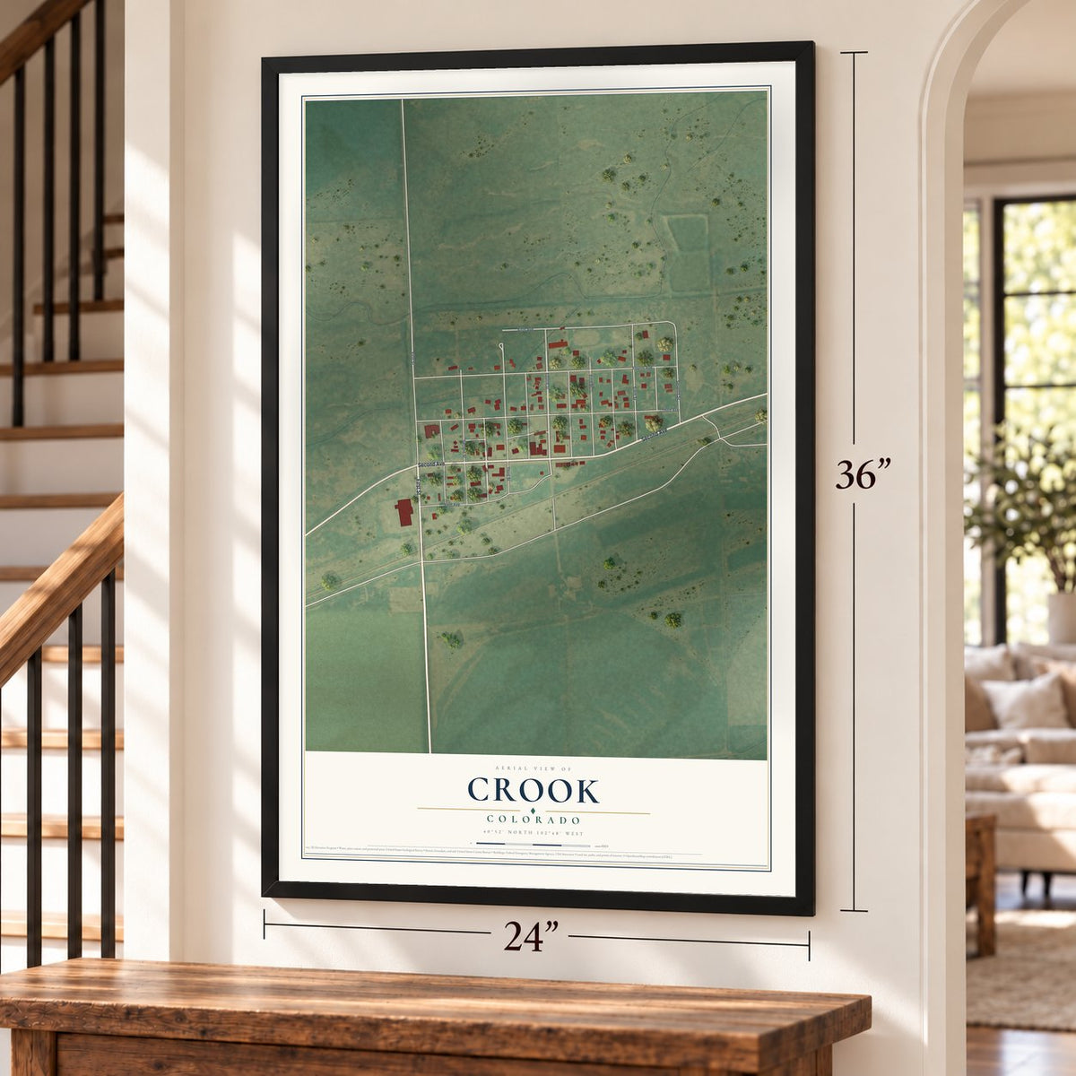 Crook, Colorado map, 24 x 36 inch print in a black frame by a staircase