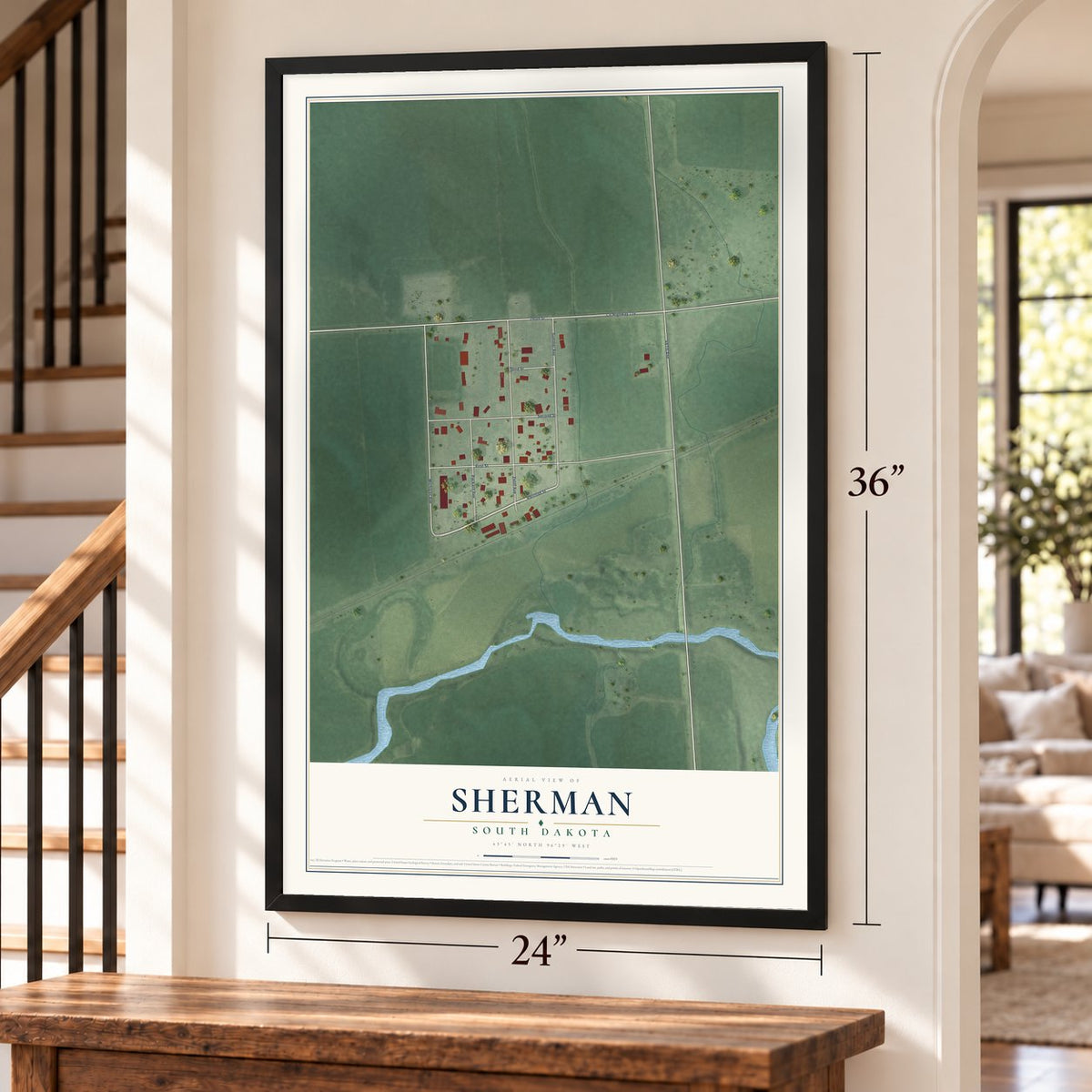 Sherman, South Dakota map, 24 x 36 inch print in a black frame by a staircase