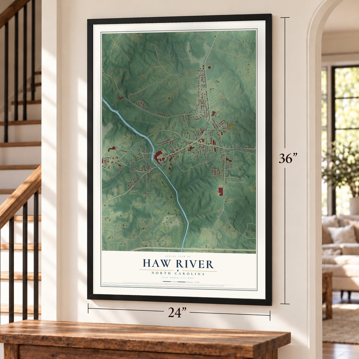 Haw River, North Carolina map, 24 x 36 inch print in a black frame by a staircase