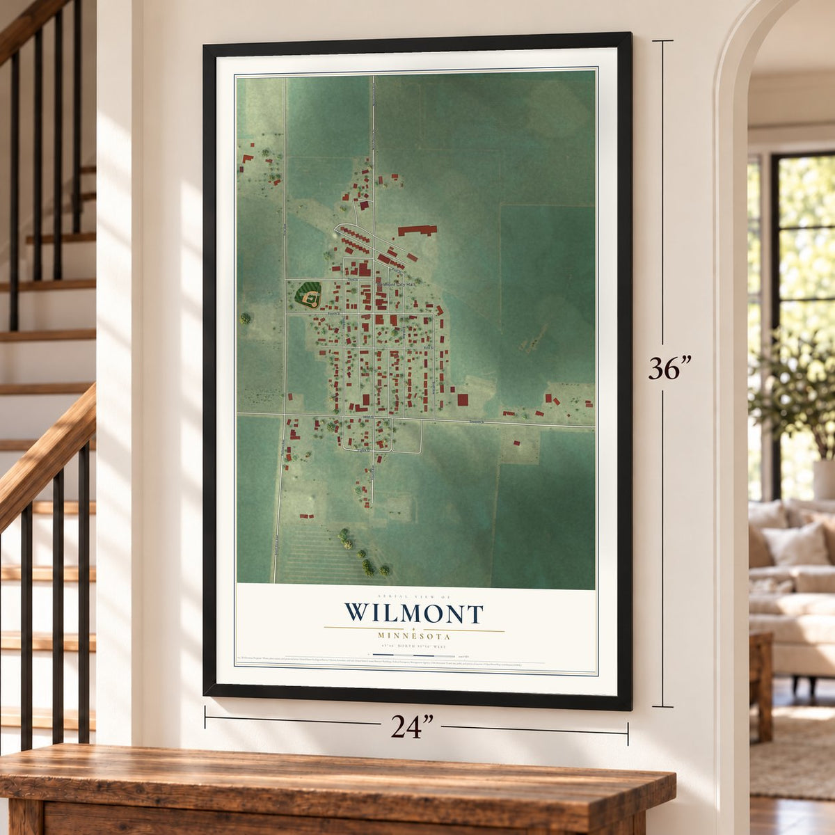 Wilmont, Minnesota map, 24 x 36 inch print in a black frame by a staircase