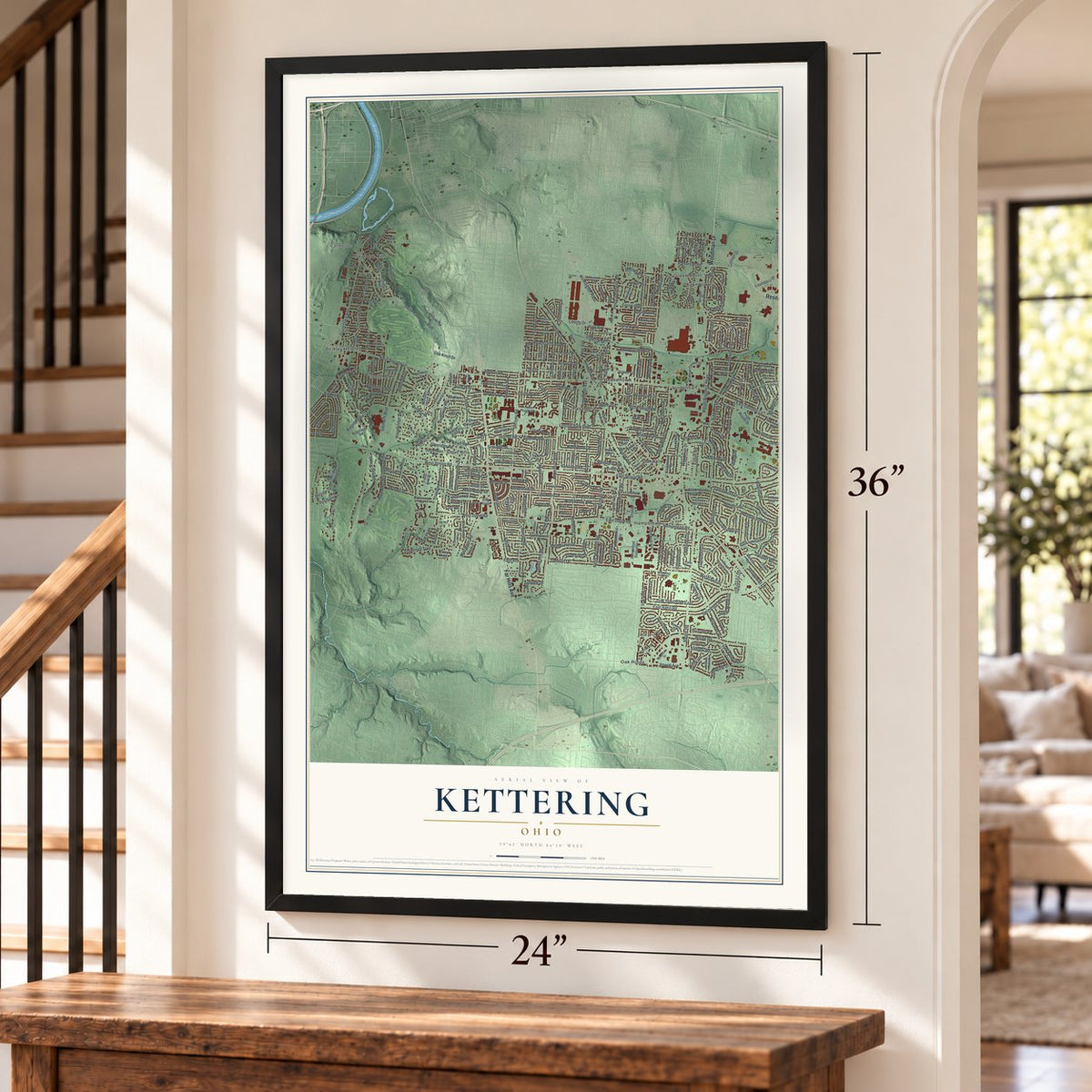 Kettering, Ohio map, 24 x 36 inch print in a black frame by a staircase