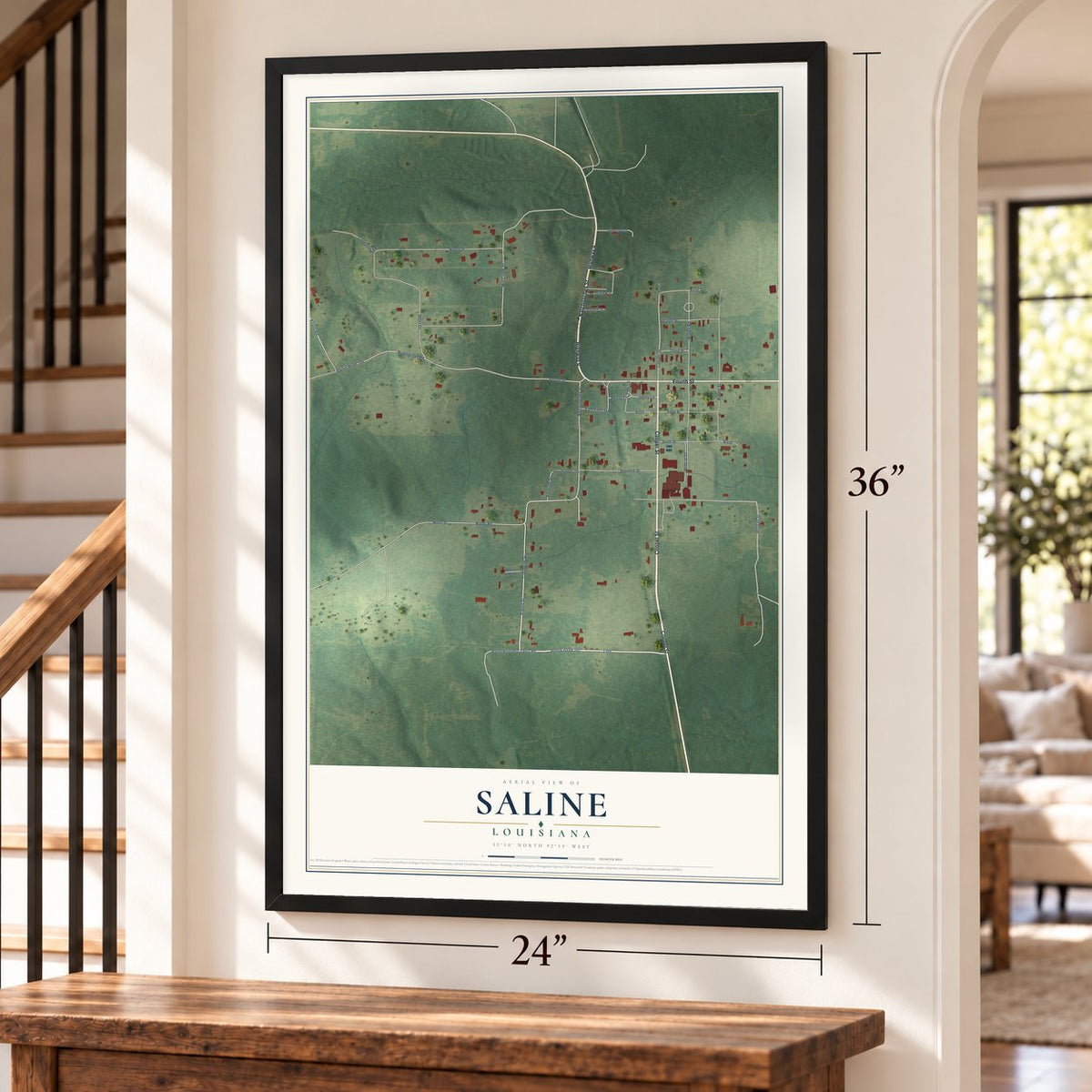 Saline, Louisiana map, 24 x 36 inch print in a black frame by a staircase