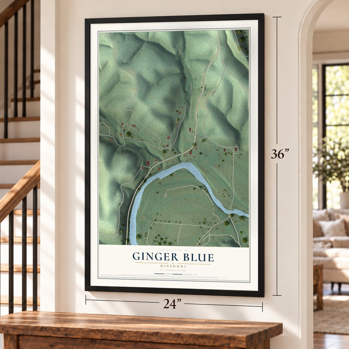Ginger Blue, Missouri map, 24 x 36 inch print in a black frame by a staircase