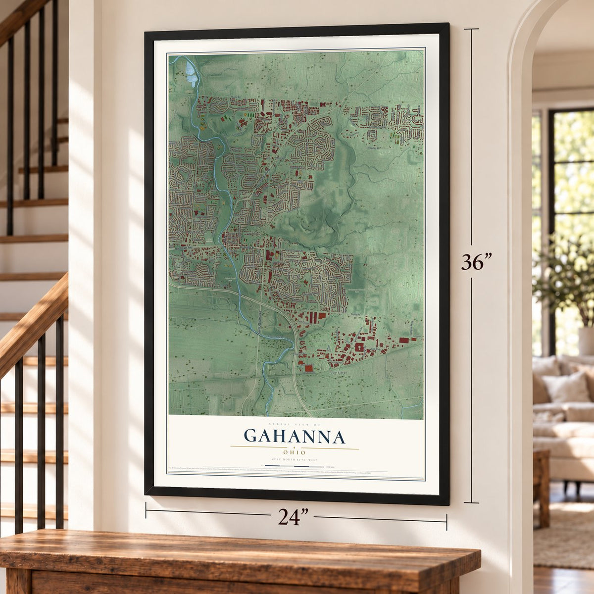 Gahanna, Ohio map, 24 x 36 inch print in a black frame by a staircase