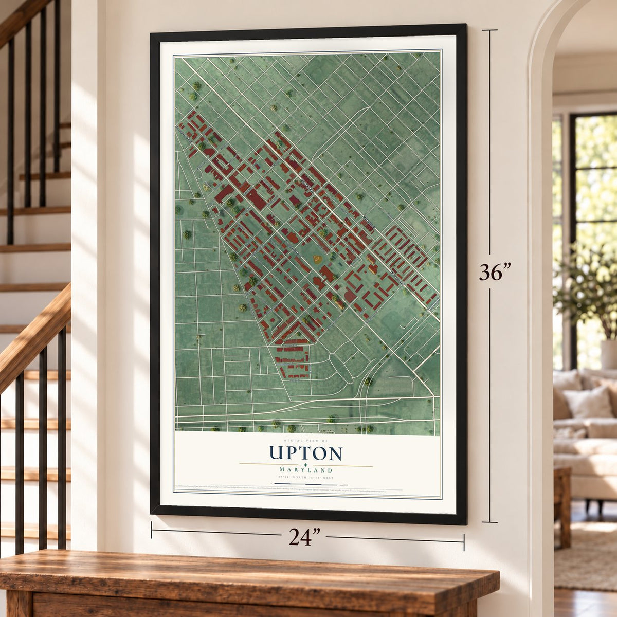 Upton, Maryland map, 24 x 36 inch print in a black frame by a staircase