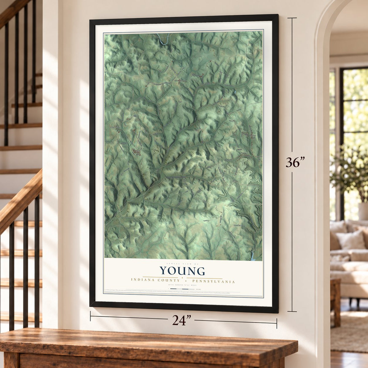 Young, Indiana County, Pennsylvania map, 24 x 36 inch print in a black frame by a staircase