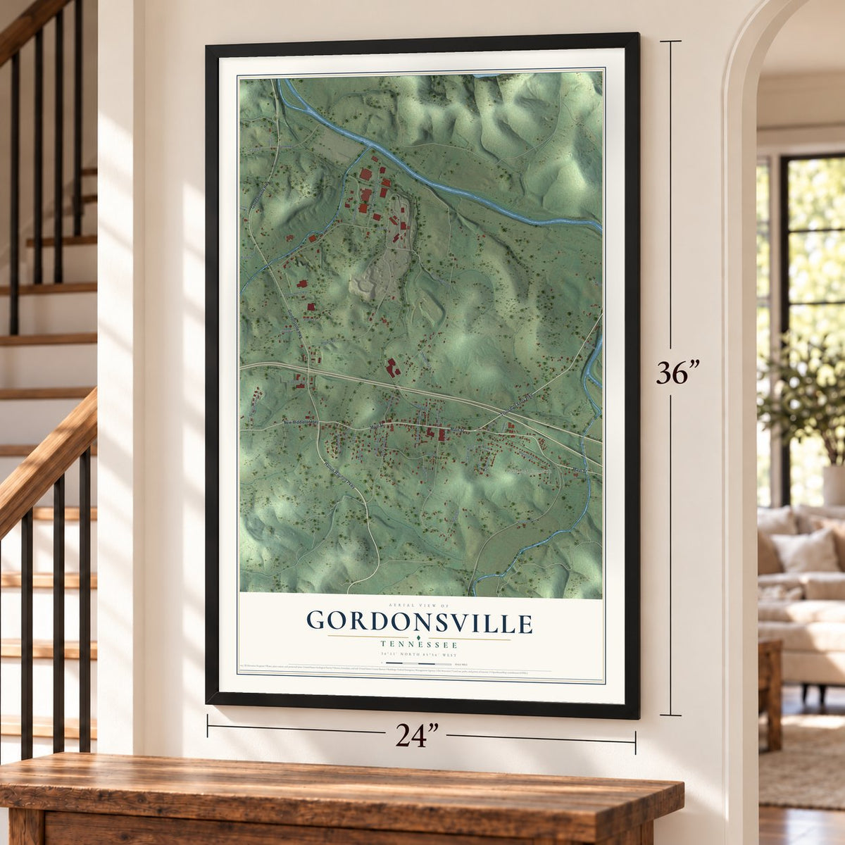 Gordonsville, Tennessee map, 24 x 36 inch print in a black frame by a staircase