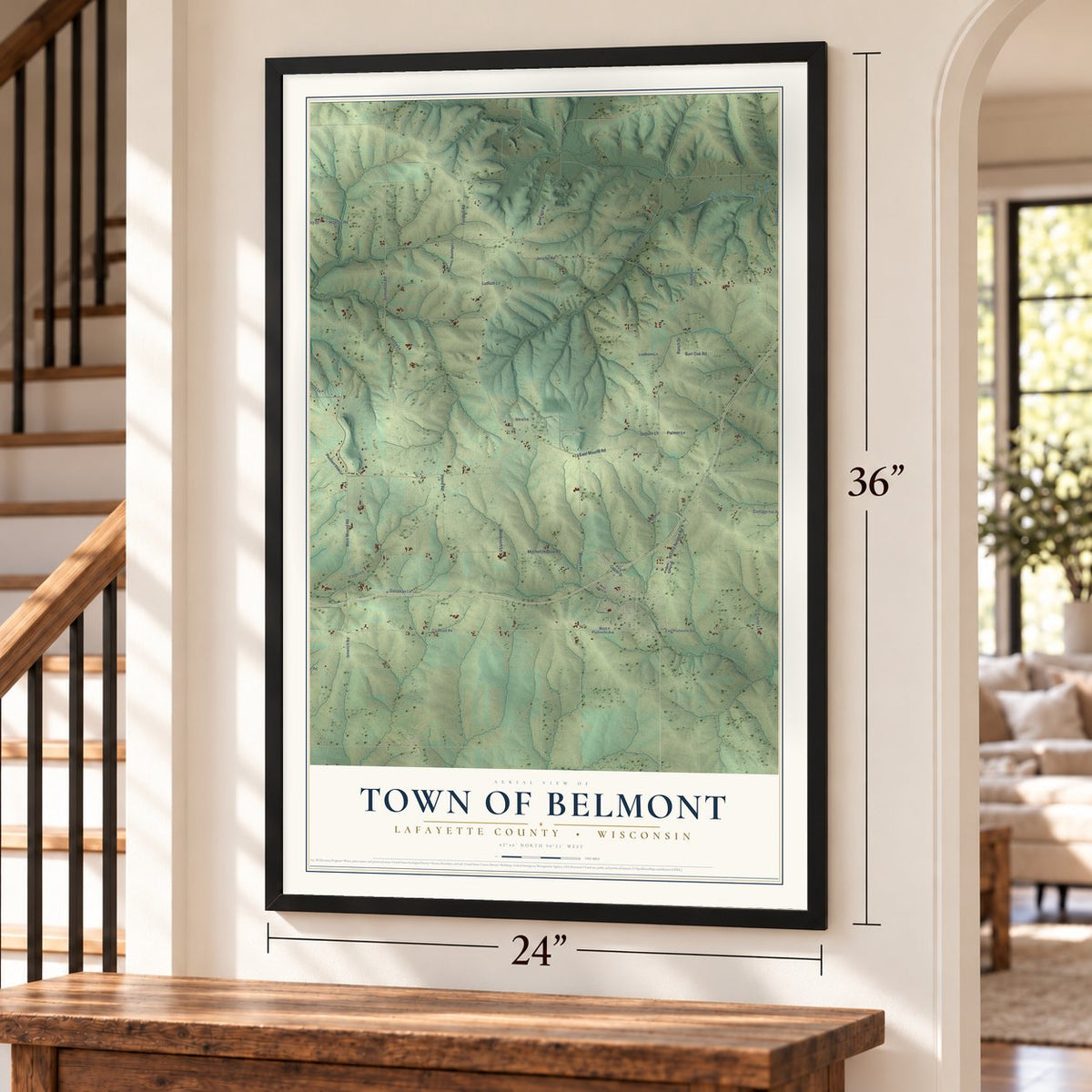 Town of Belmont, Lafayette County, Wisconsin map, 24 x 36 inch print in a black frame by a staircase