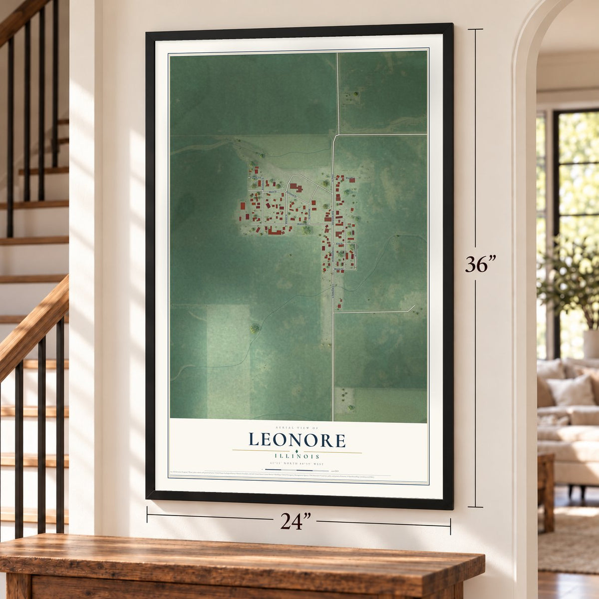 Leonore, Illinois map, 24 x 36 inch print in a black frame by a staircase