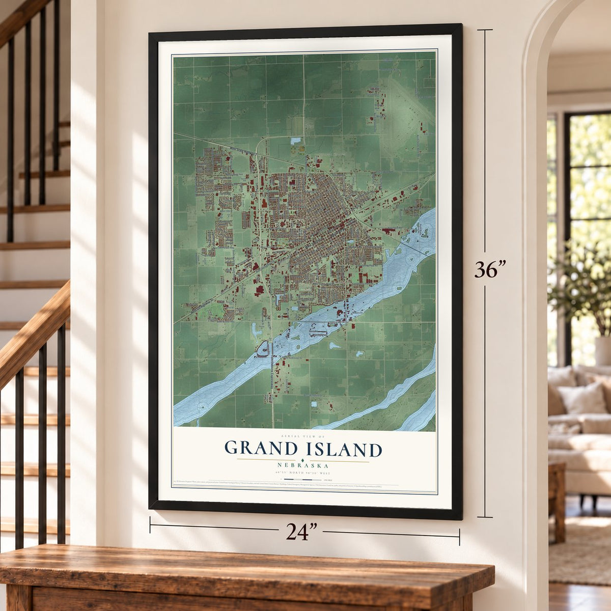 Grand Island, Nebraska map, 24 x 36 inch print in a black frame by a staircase