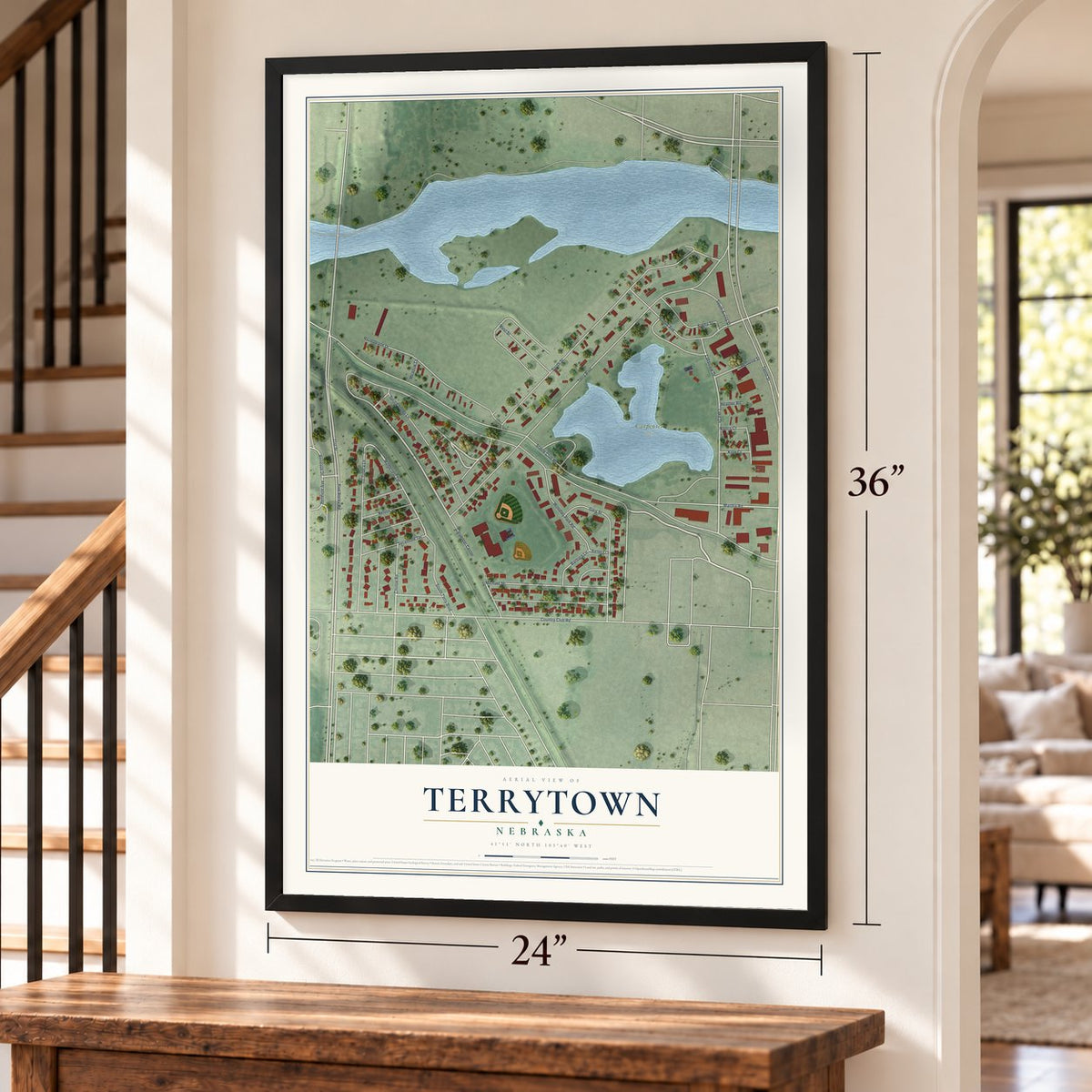 Terrytown, Nebraska map, 24 x 36 inch print in a black frame by a staircase