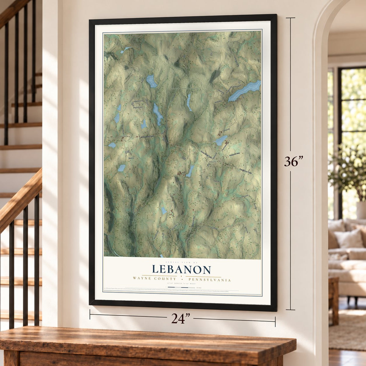 Lebanon, Wayne County, Pennsylvania map, 24 x 36 inch print in a black frame by a staircase