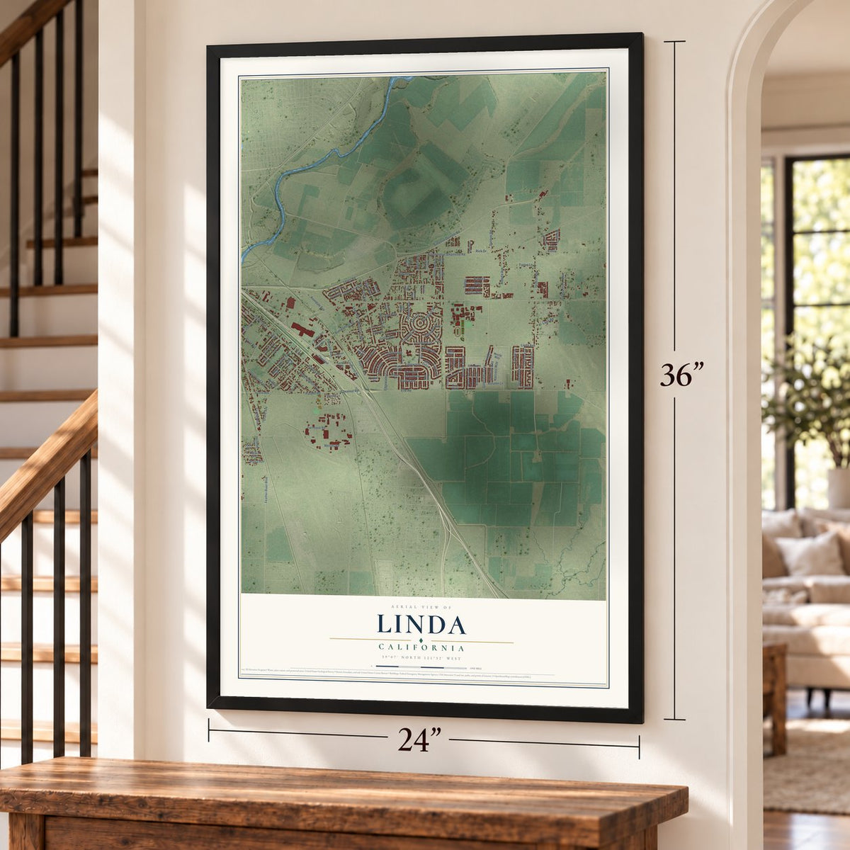 Linda, California map, 24 x 36 inch print in a black frame by a staircase