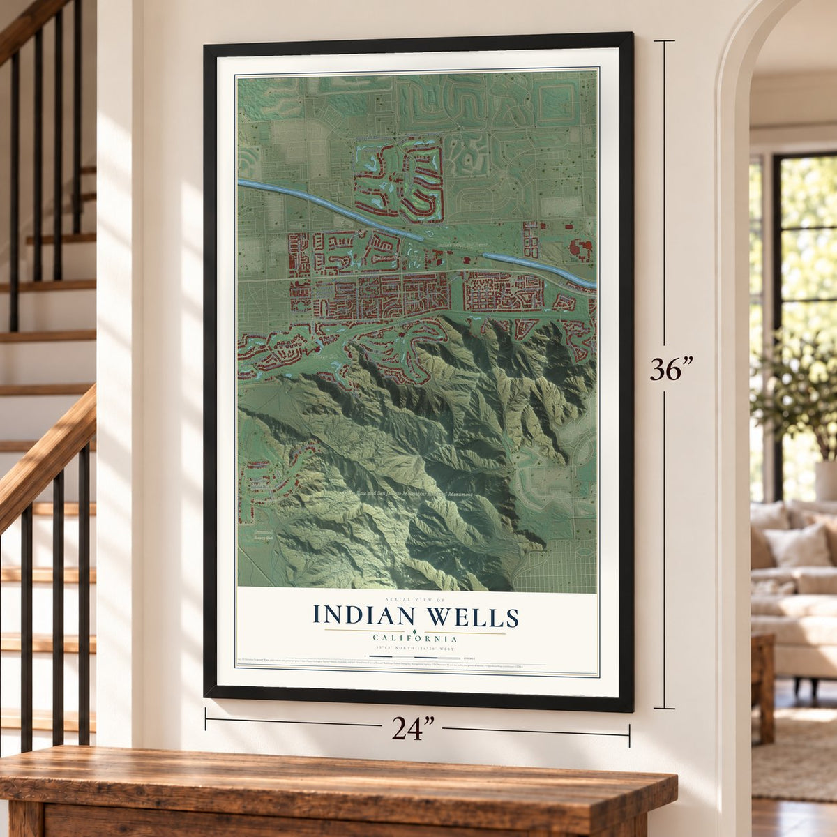 Indian Wells, California map, 24 x 36 inch print in a black frame by a staircase