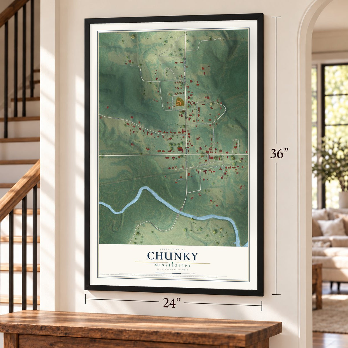 Chunky, Mississippi map, 24 x 36 inch print in a black frame by a staircase