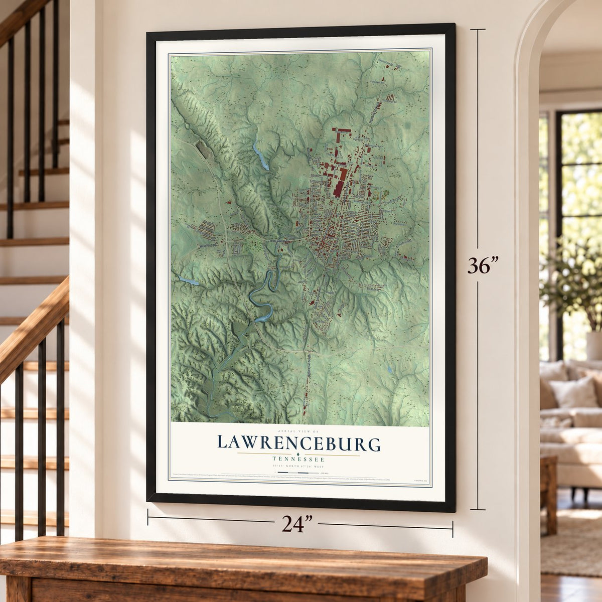 Lawrenceburg, Tennessee map, 24 x 36 inch print in a black frame by a staircase