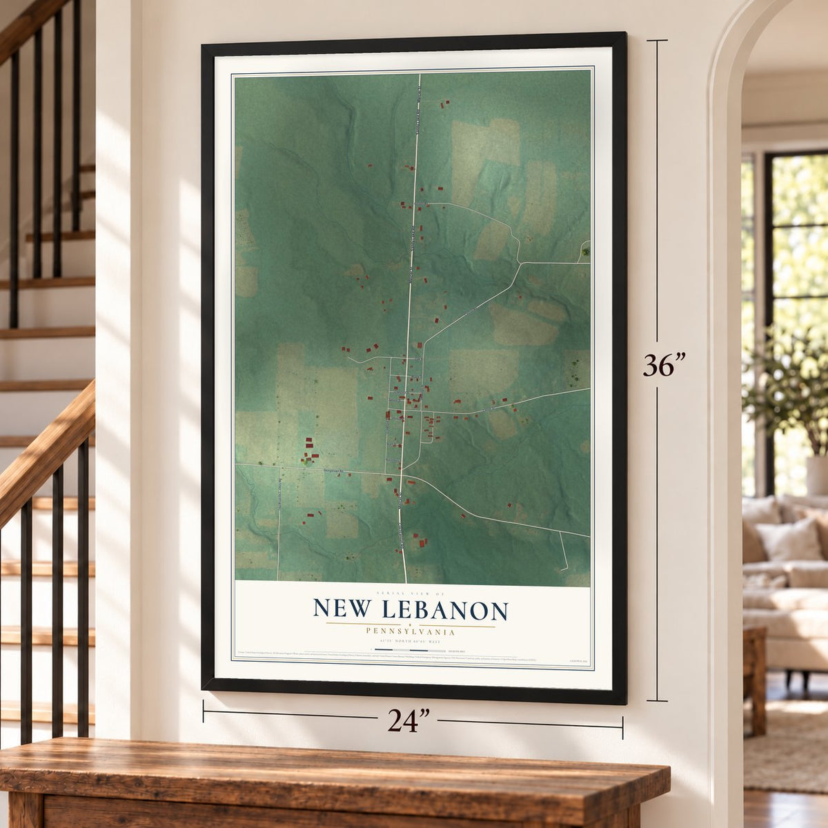 New Lebanon, Pennsylvania map, 24 x 36 inch print in a black frame by a staircase