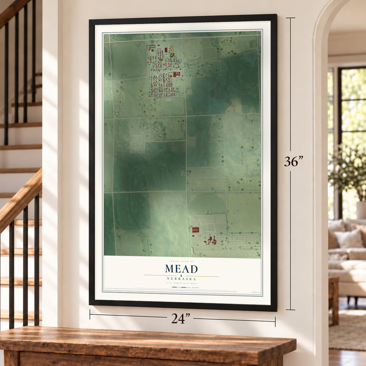 Mead, Nebraska map, 24 x 36 inch print in a black frame by a staircase