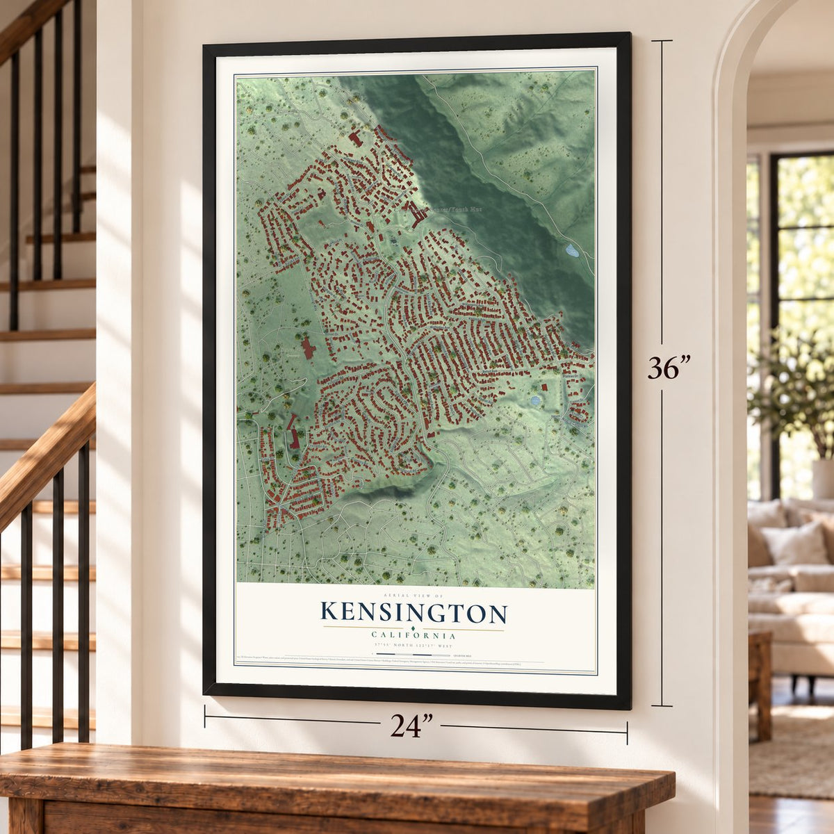 Kensington, California map, 24 x 36 inch print in a black frame by a staircase