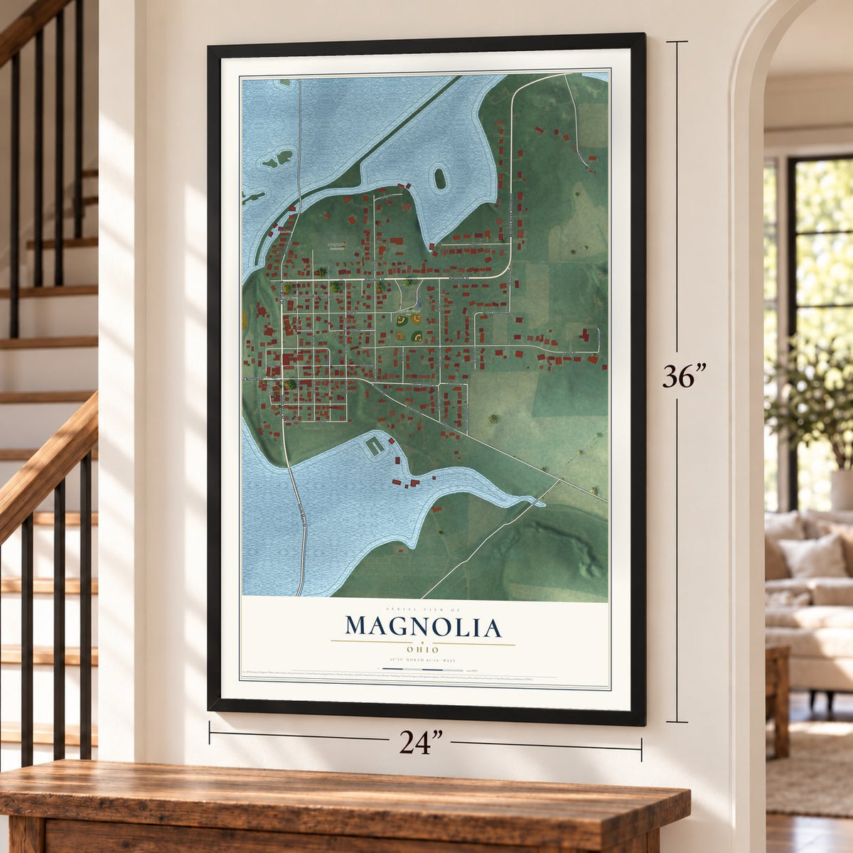 Magnolia, Ohio map, 24 x 36 inch print in a black frame by a staircase