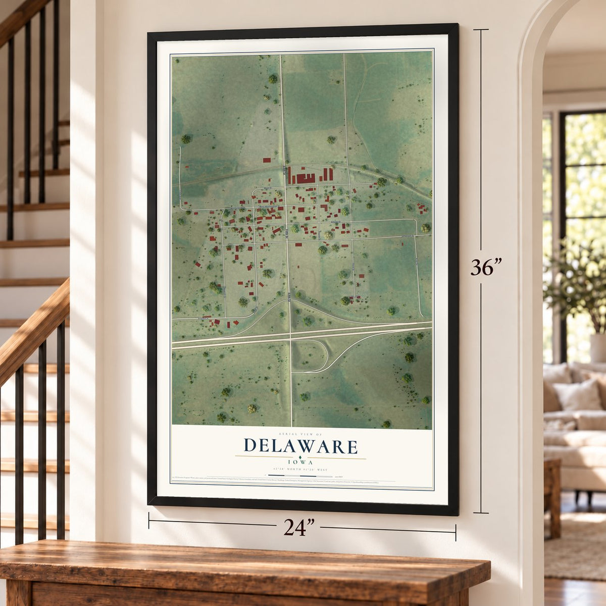 Delaware, Iowa map, 24 x 36 inch print in a black frame by a staircase