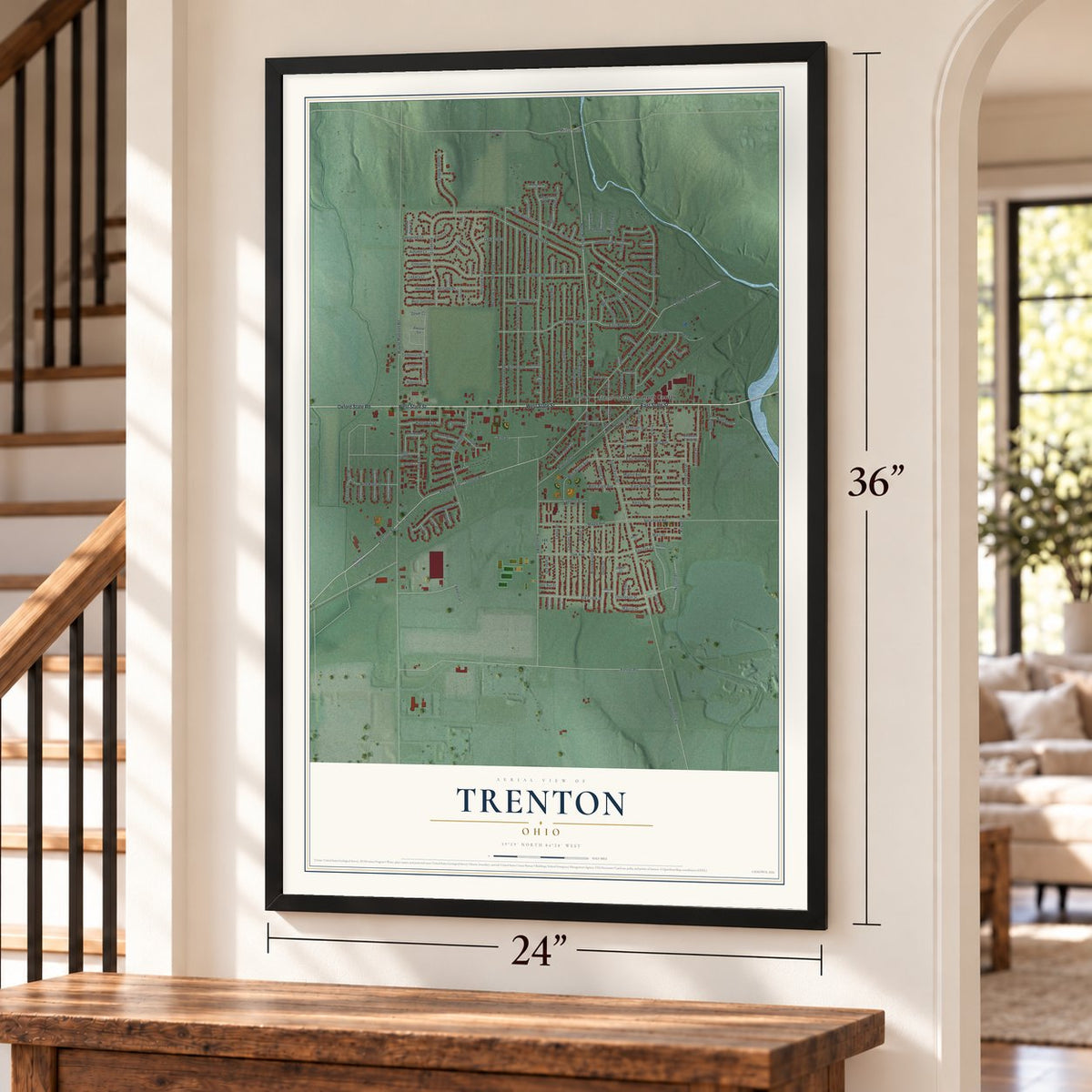 Trenton, Ohio map, 24 x 36 inch print in a black frame by a staircase