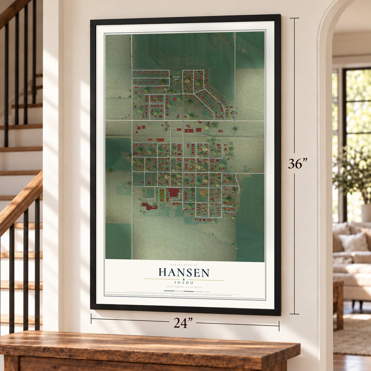 Hansen, Idaho map, 24 x 36 inch print in a black frame by a staircase