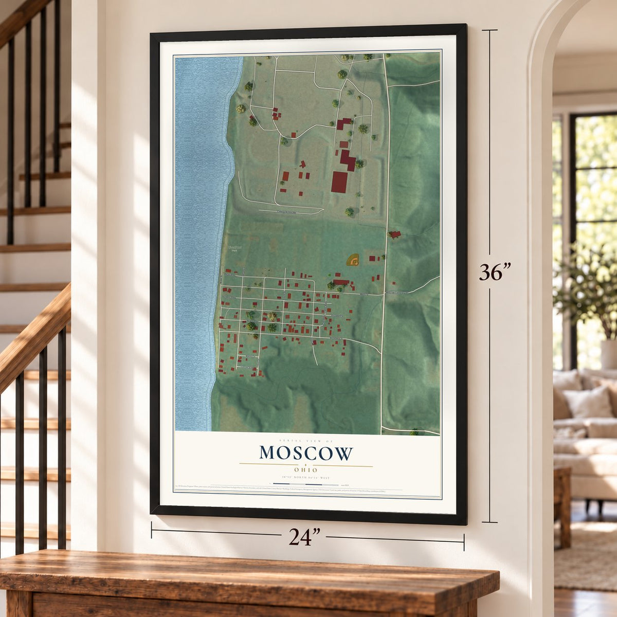 Moscow, Ohio map, 24 x 36 inch print in a black frame by a staircase