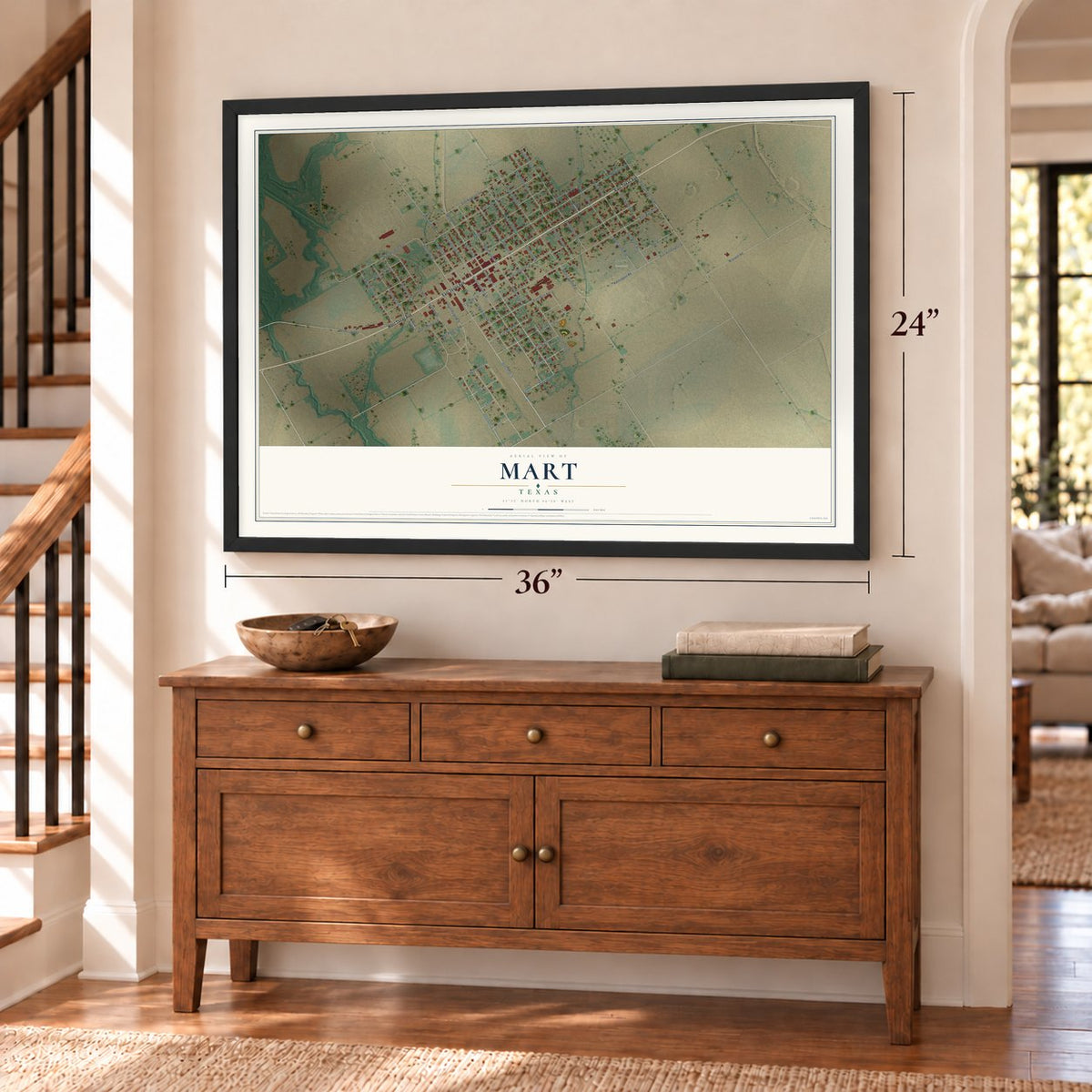 Mart, Texas map, 24 x 36 inch print in a black frame above a dresser by a staircase