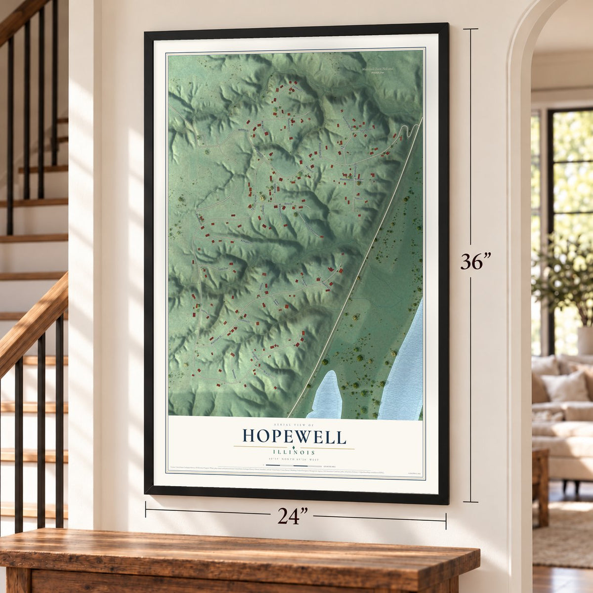 Hopewell, Illinois map, 24 x 36 inch print in a black frame by a staircase
