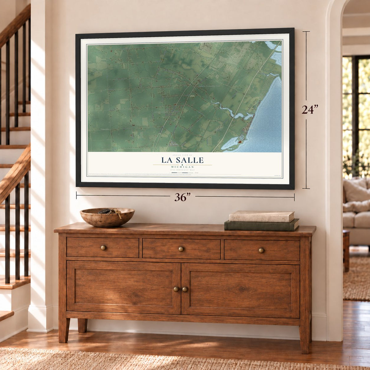 La Salle, Michigan map, 24 x 36 inch print in a black frame above a dresser by a staircase