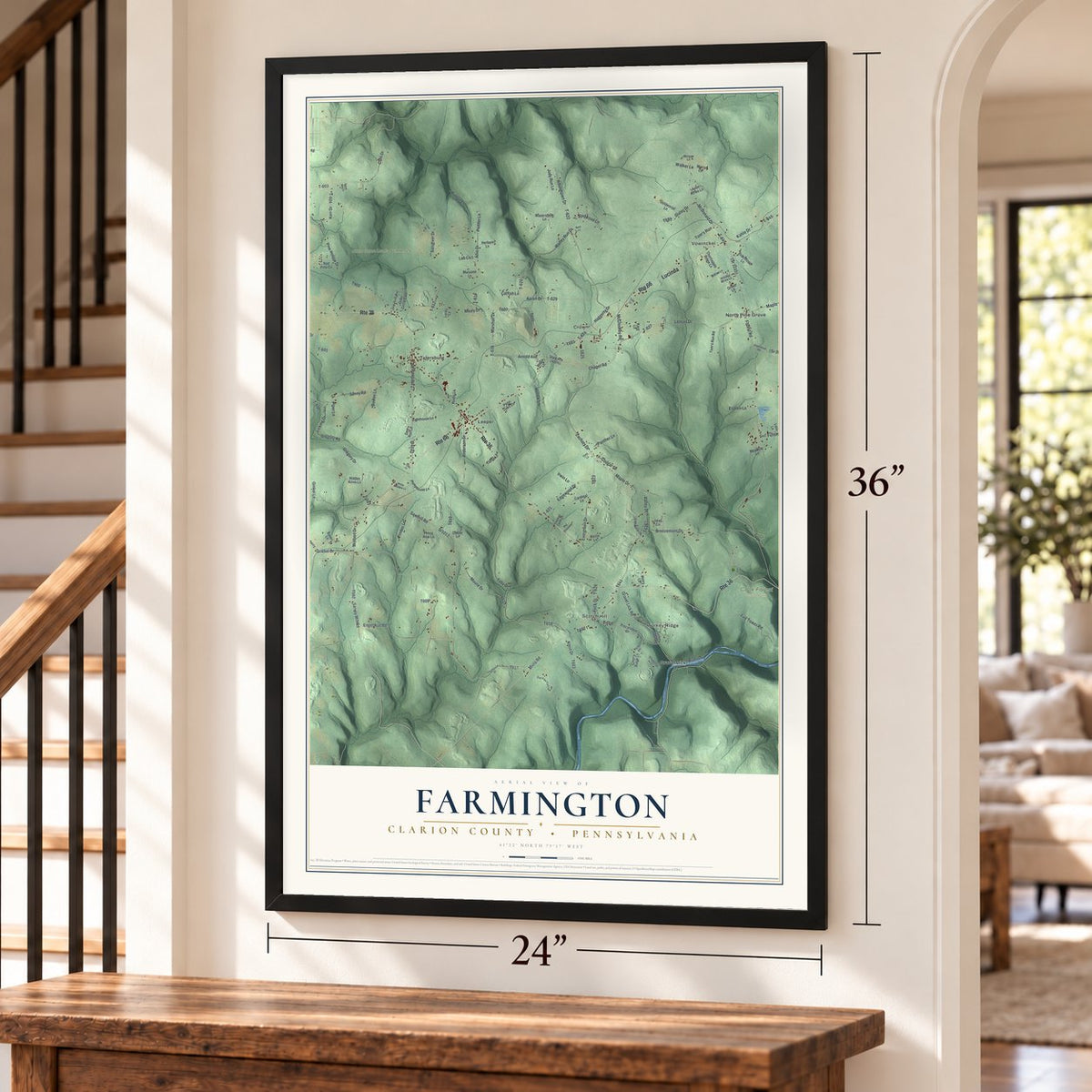 Farmington, Clarion County, Pennsylvania map, 24 x 36 inch print in a black frame by a staircase